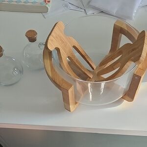 Elegant Bamboo and Glass Salad Bowl with Servers
